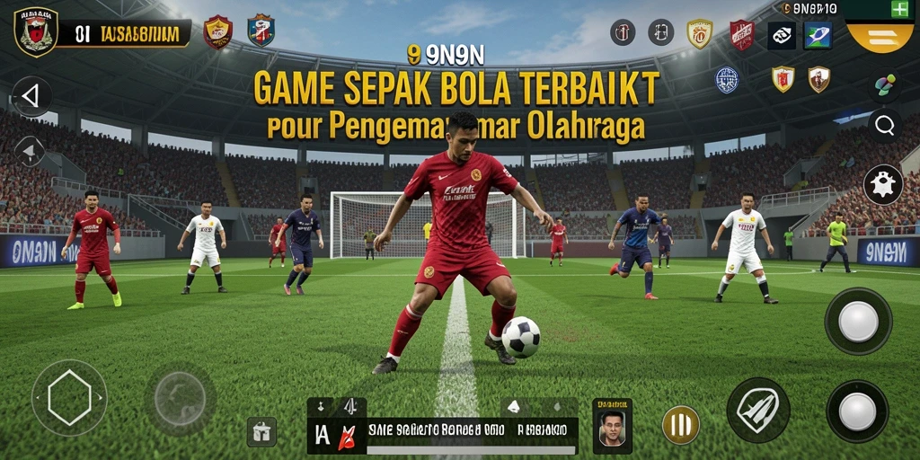 Screenshot dari gameplay 9N9N menampilkan aksi pertandingan sepak bola yang intens.