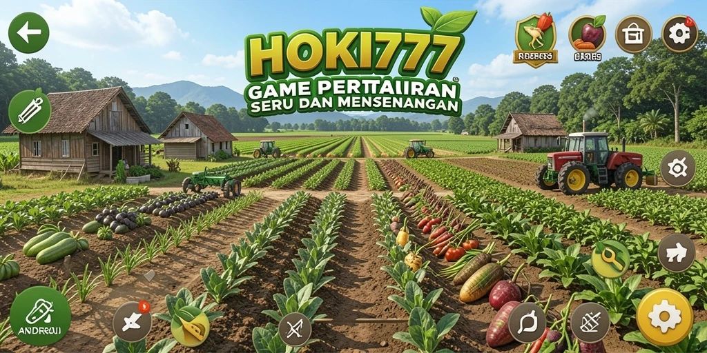 Screenshot utama HOKI777 menampilkan petani aktif di ladangnya.